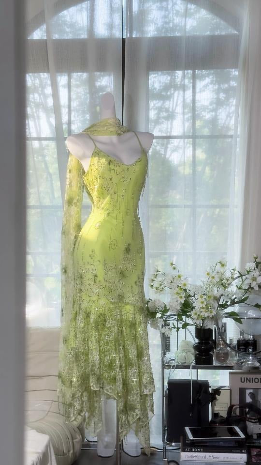 Robe de soirée longue/courte en mousseline de soie, élégante et romantique, verte, gh4399