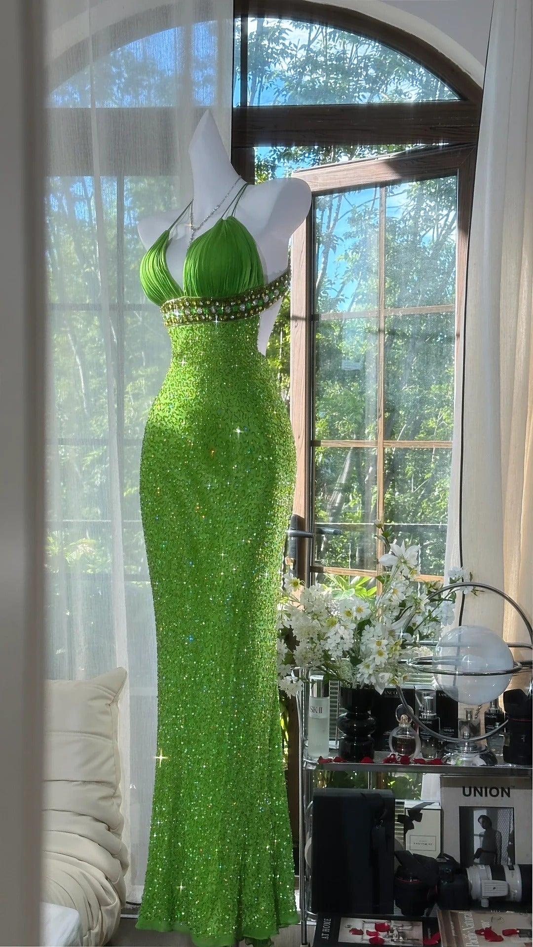 ✨Girlhomeshops-Robe de soirée longue en mousseline de soie, verte, brillante et exquise, magnifique, gh4988