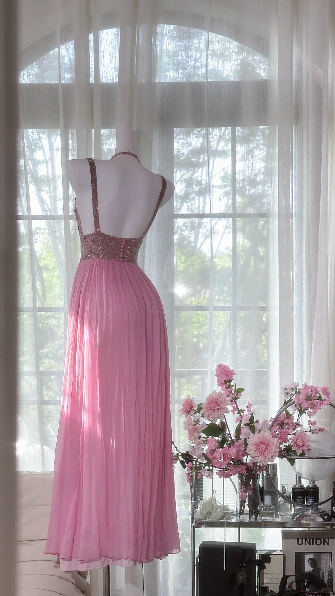 Rosa Elegantes Glänzendes V-Ausschnitt Langes Chiffon Ballkleid Abendkleid Partykleid gh4322