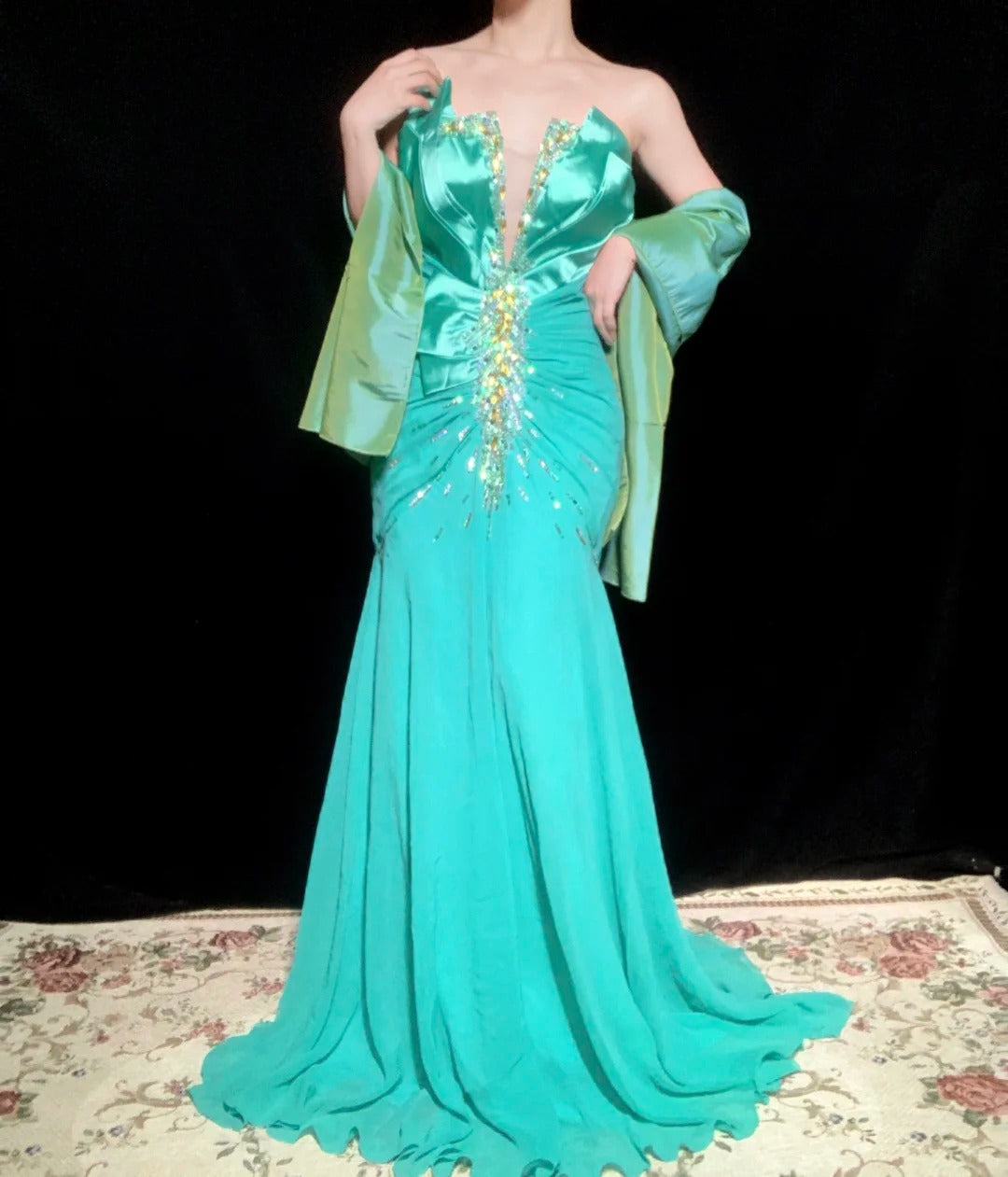 Robe de soirée sirène longue en satin et mousseline de soie, bleu vert, perles, à la mode, gh4923