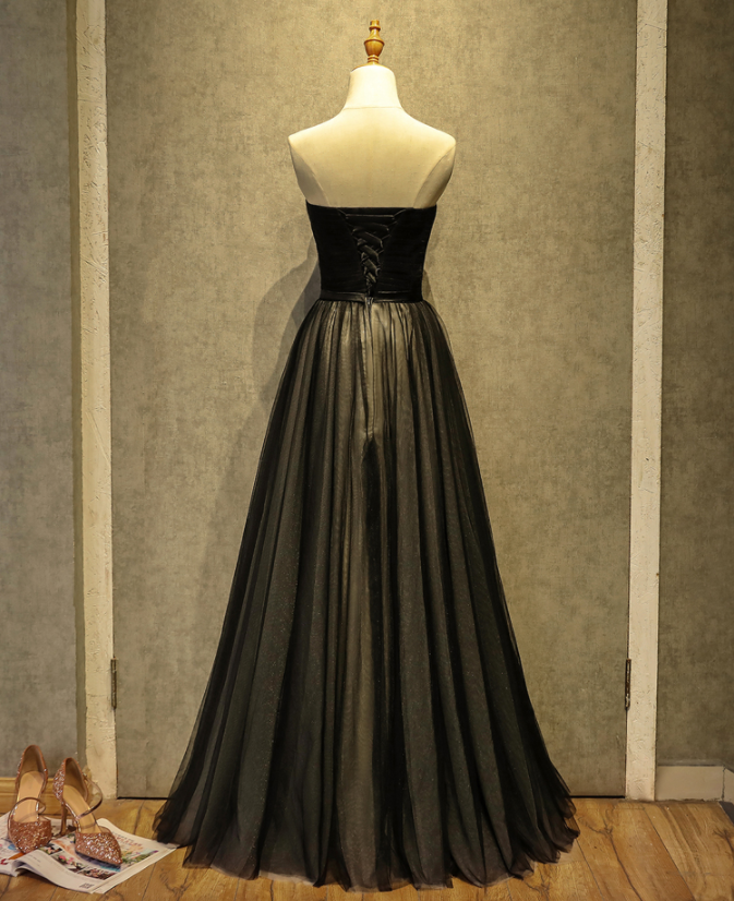 Black sweetheart neck tulle long prom dress, black evening dress 7926