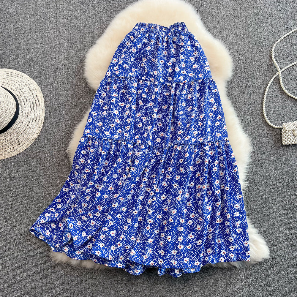 Neuer Stil mit hoher Taille, dünner, mittlerer und langer Blumenrock mit Rüschen 11285