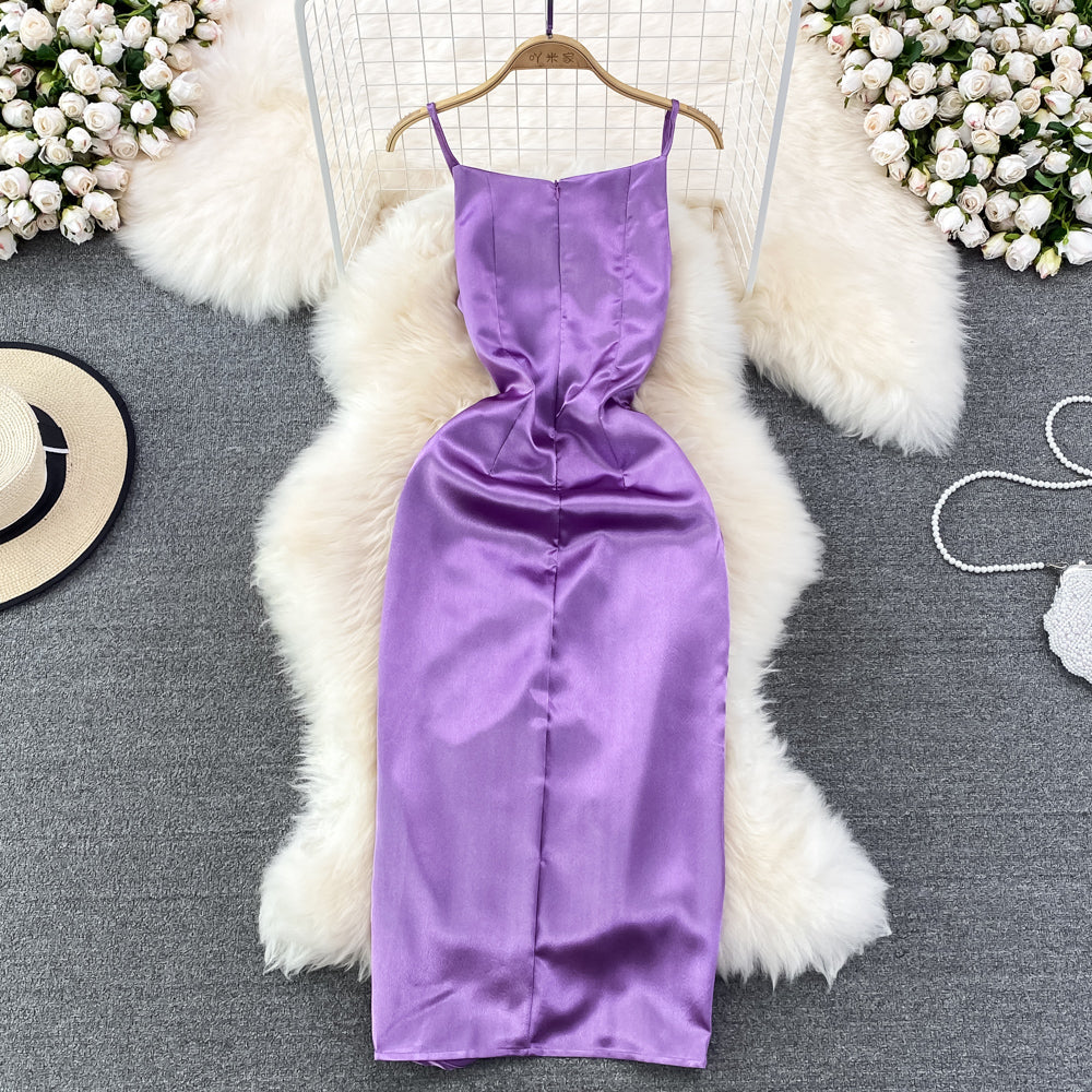 Slim and slim pleated sleeveless diagonal neck strap Hip Wrap Dress 11226