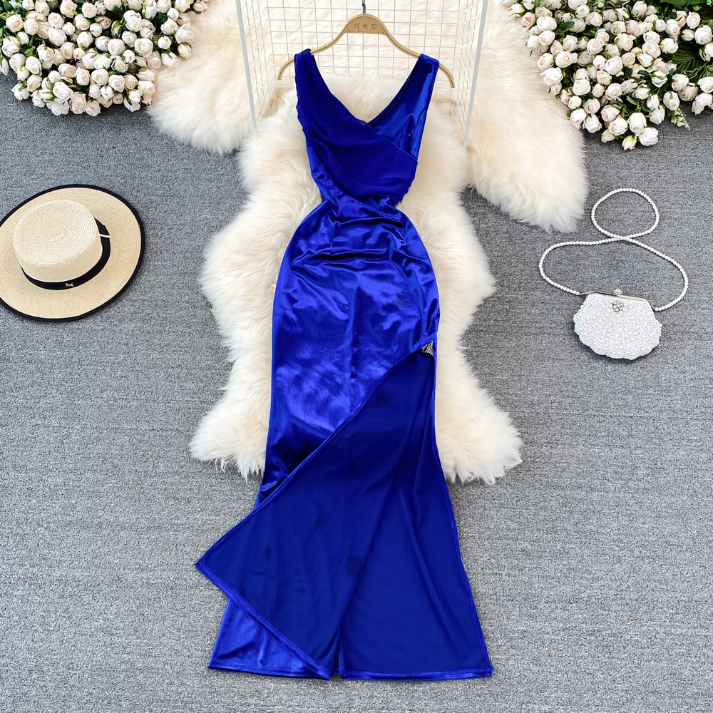 Robe sexy à col en V, taille haute, slim, sans manches, robe portefeuille aux hanches, robe longue 11054