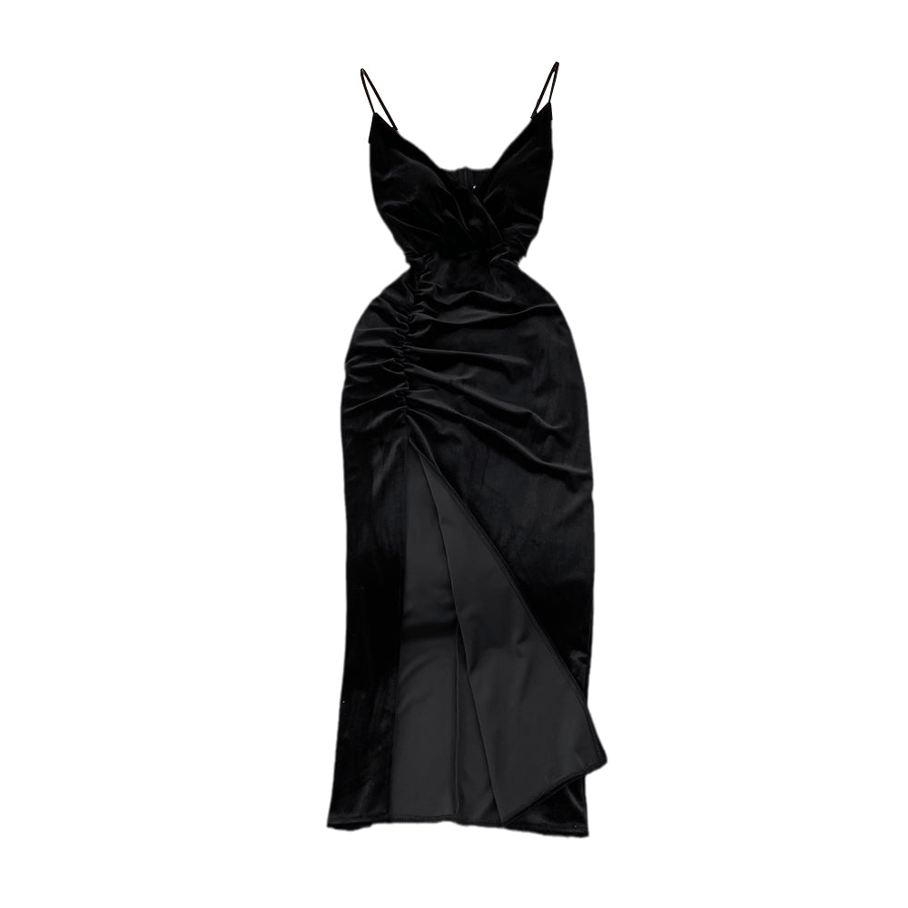 Robe à bretelles en velours doré avec dos ouvert et fente 11055