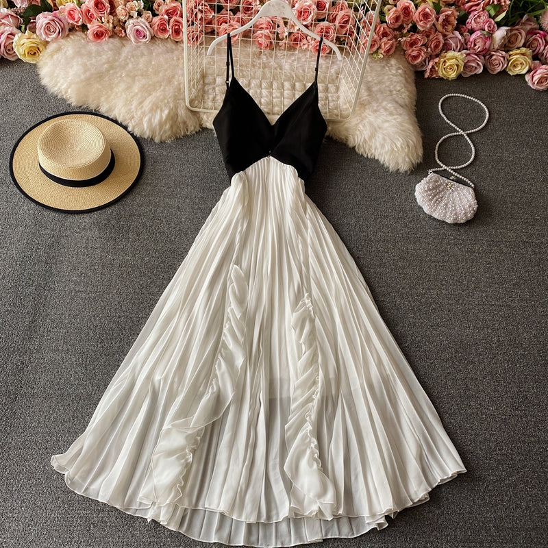 Cute V Neck A Line Dress Black And White Fashion Dress 10810