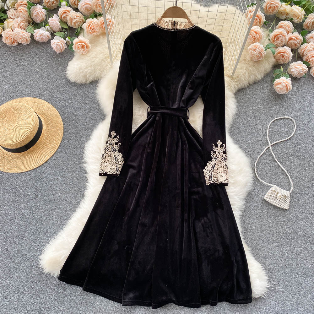 Black Velvet Lace Long Sleeve Dress Fashion Dress 10846