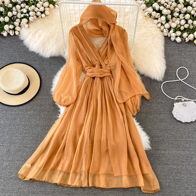 Cute V Neck Soft Chiffon Dress Fashion Girl Dress And Scarf 10791