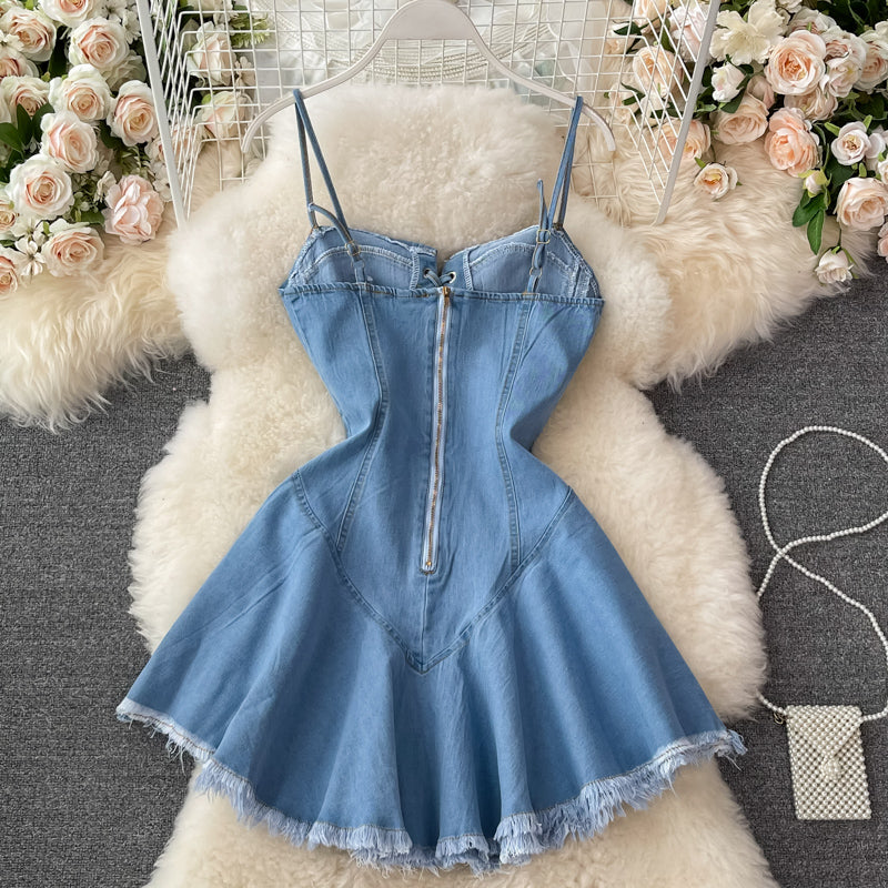 Cute Lace-Up Denim Dress A Line Fashion Dress 10733