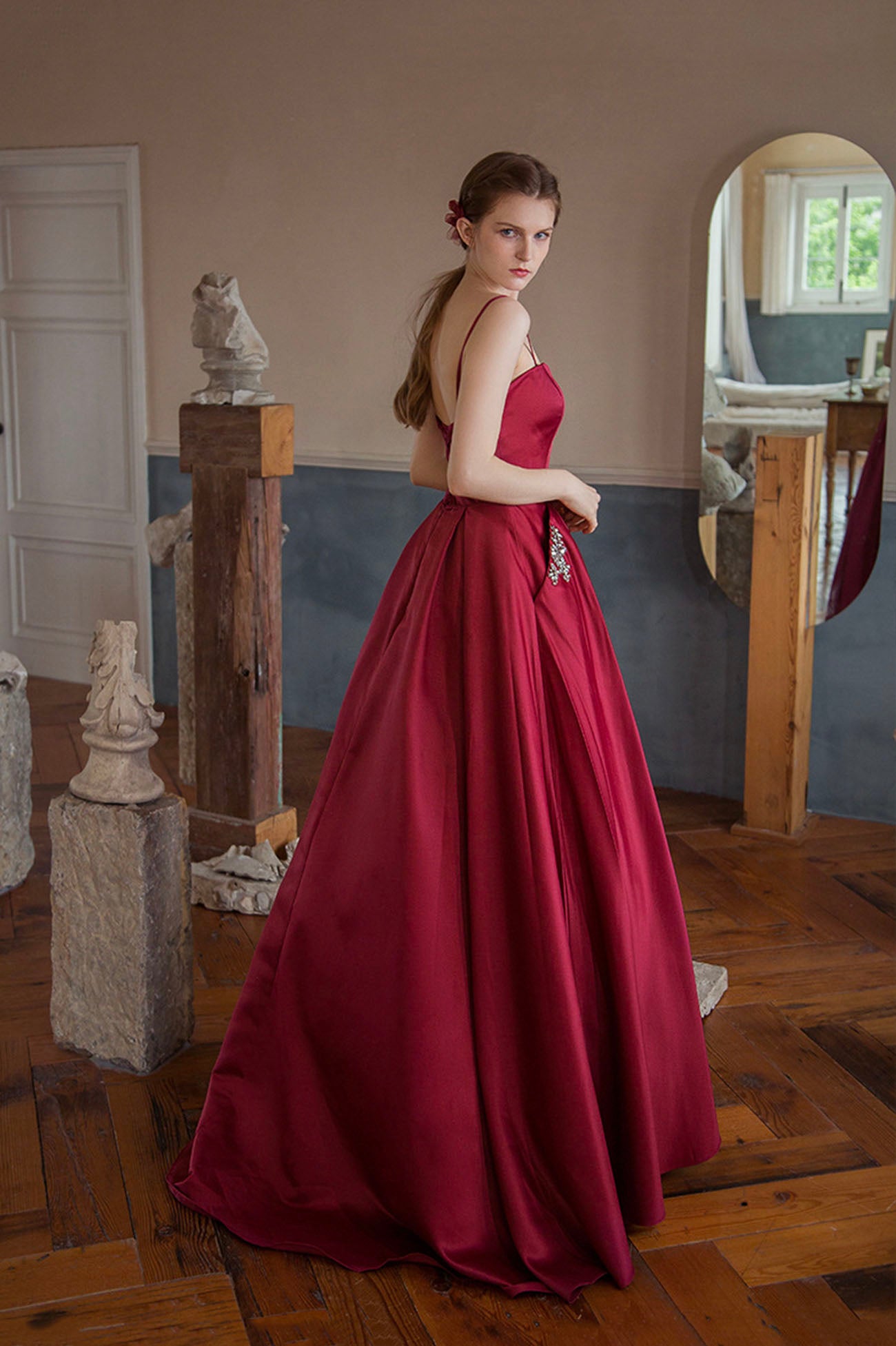 Red satin long A line prom dress red evening dress 10594