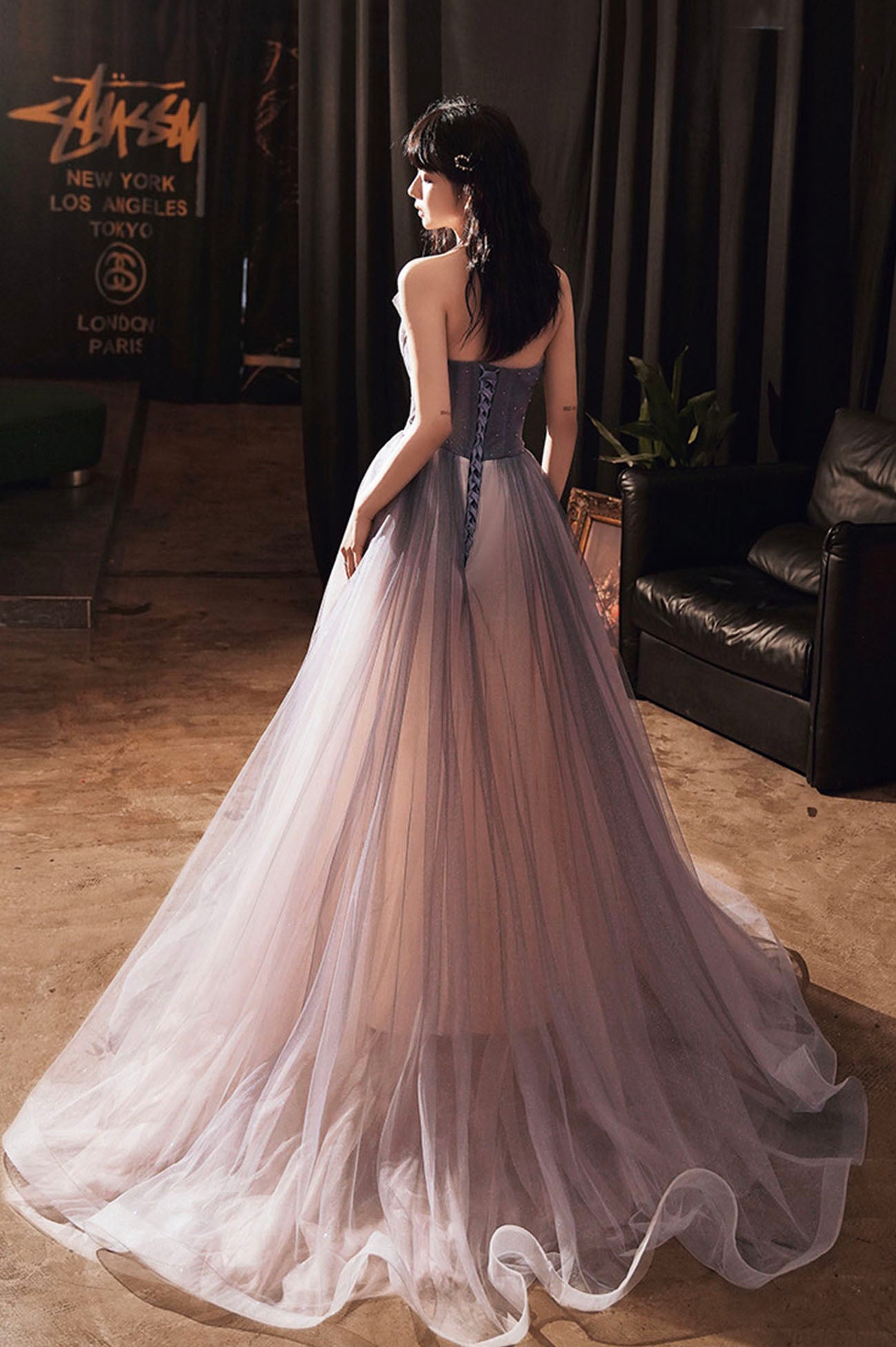 Purple tulle sequins long prom dress evening dress 10648