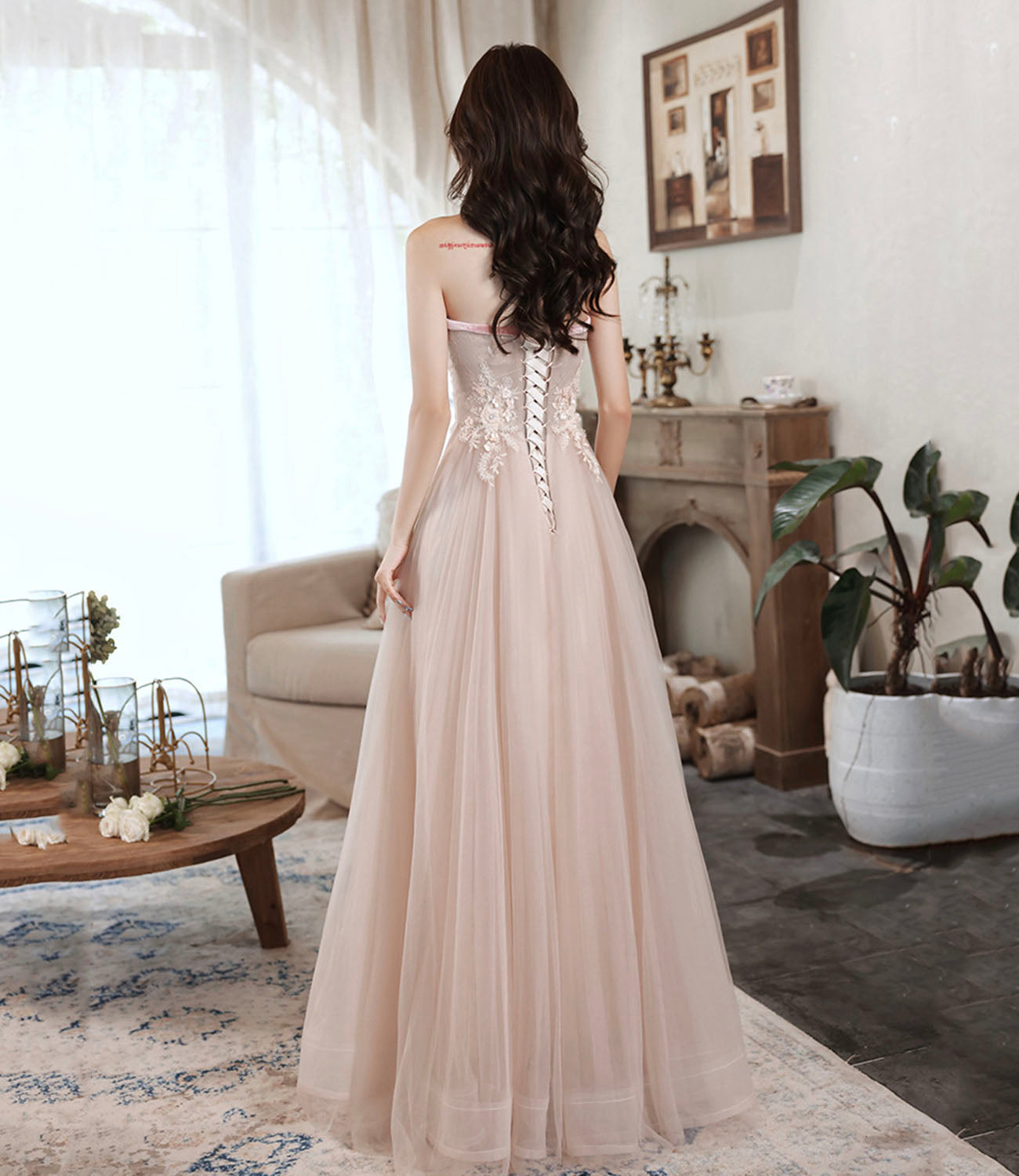 Pink tulle lace long prom dress pink evening dress 10628