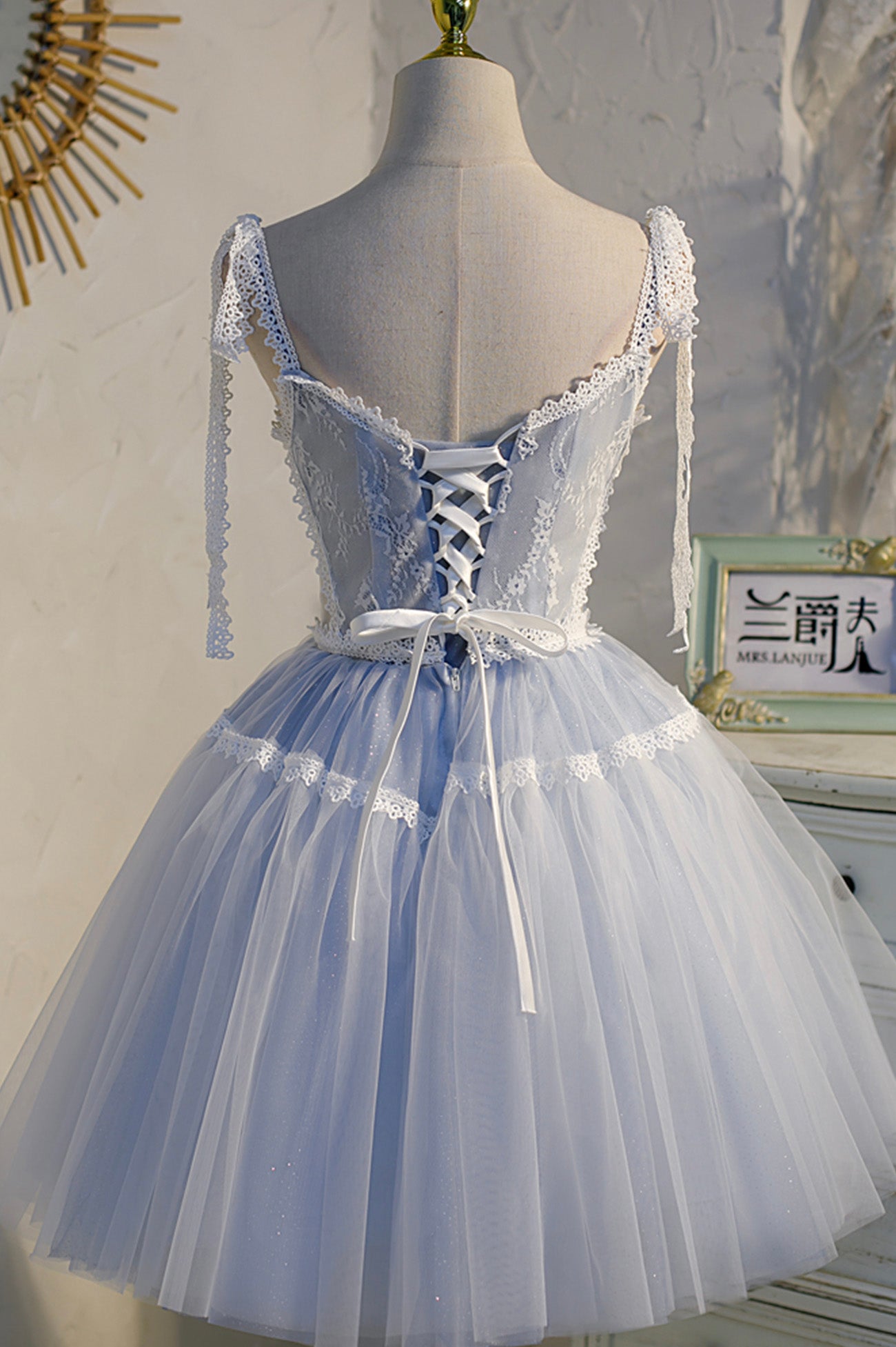 Blaues kurzes Abschlussballkleid in A-Linie aus Spitze, Heimkehrkleid 10539