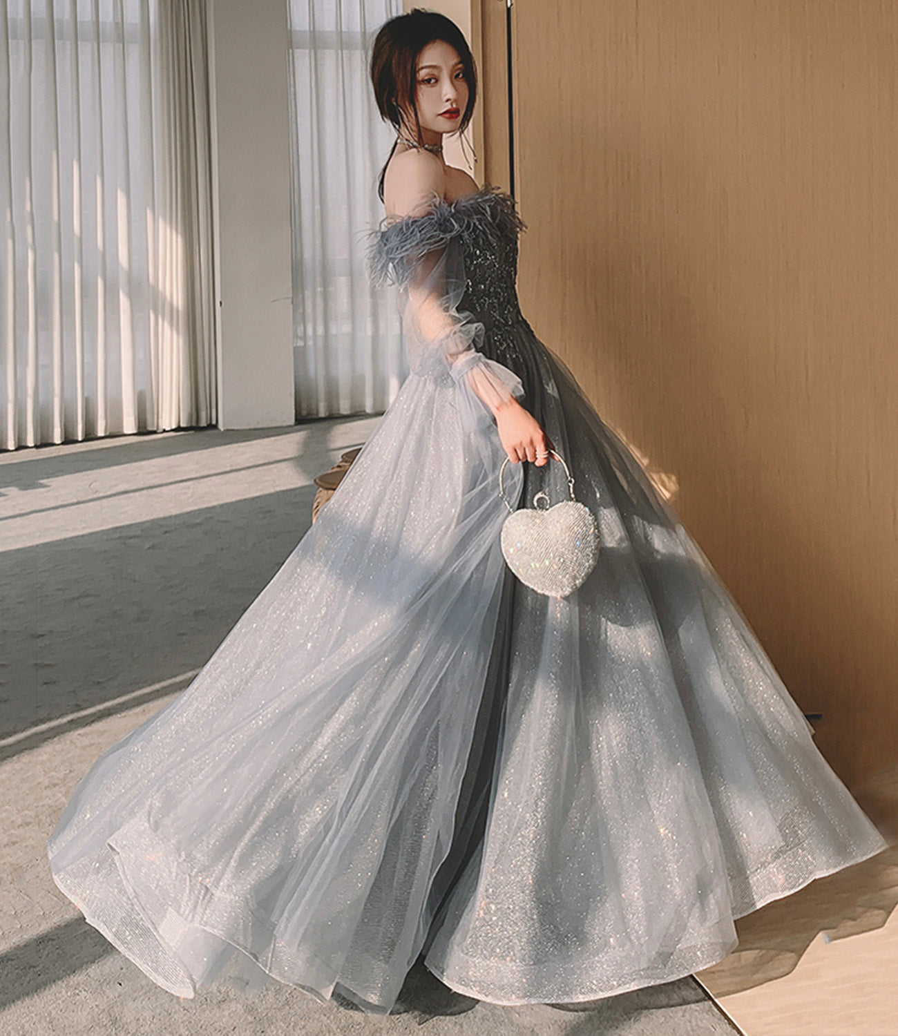 Gray tulle sequins long prom dress A line evening dress 10559