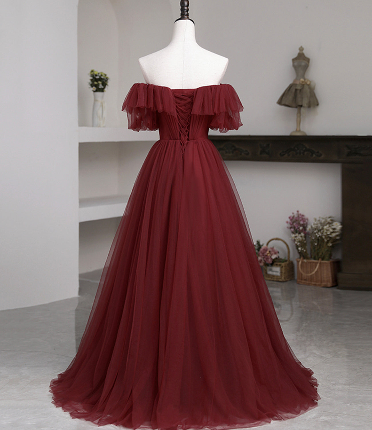Burgundy tulle long prom dress A line evening dress 10503