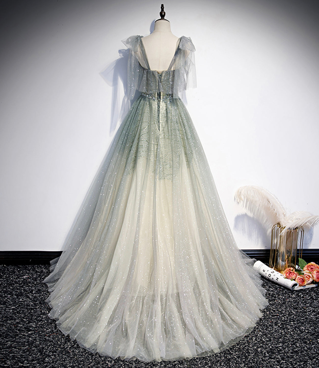 Green tulle sequins long prom dress evening gown 10474
