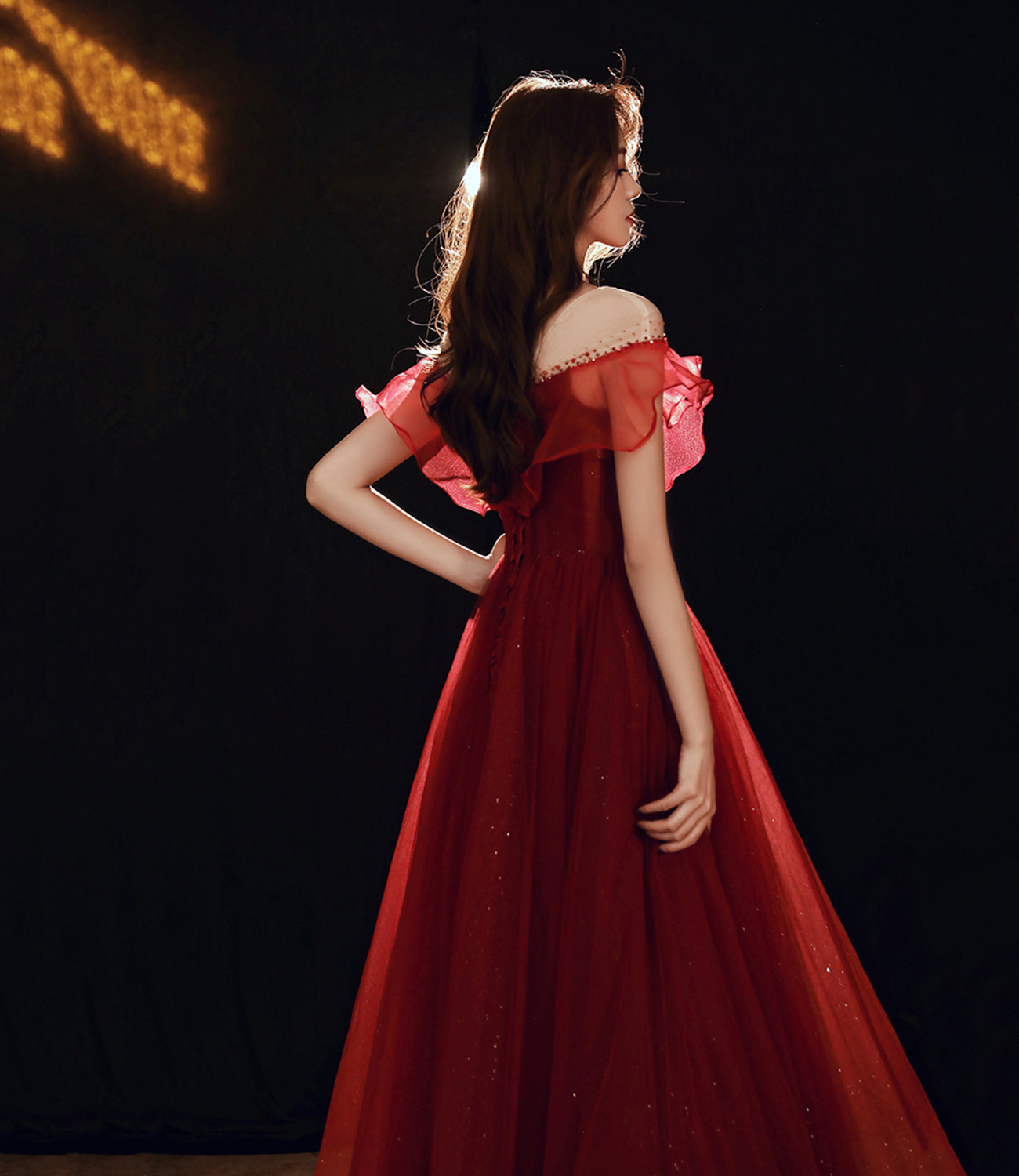 Burgundy tulle beads long prom dress A line evening gown 10481