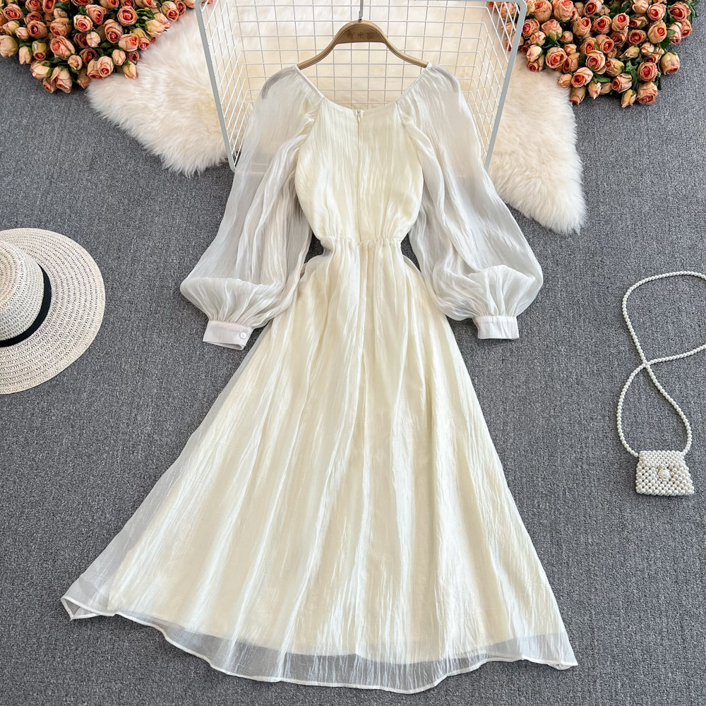 Champagne V Neck Long Sleeve Dress A Line Fashion Dress 10683