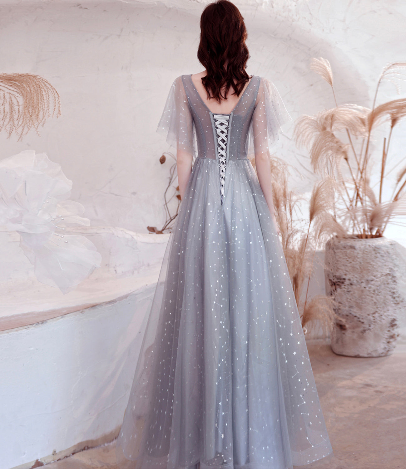 Gray tulle sequins long prom dress A line evening dress 10528