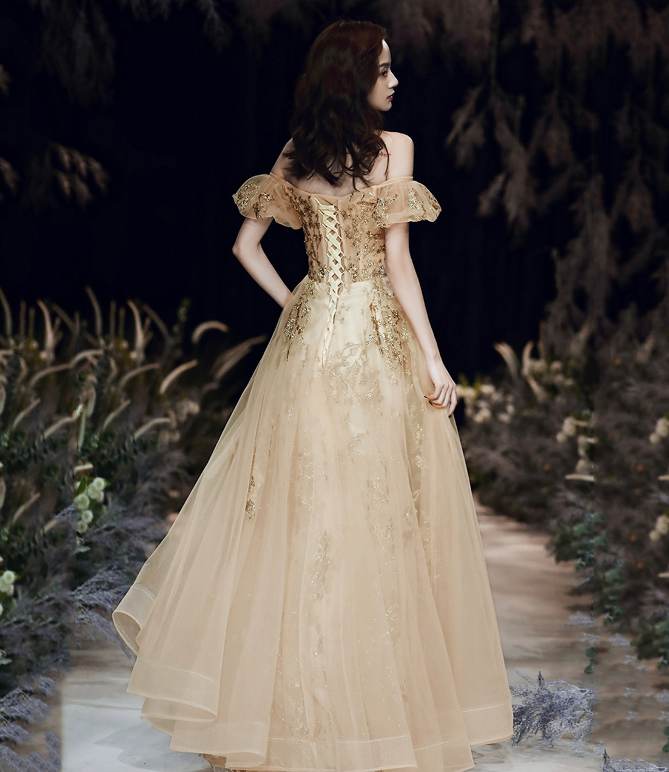 Gold sequins long prom dress A line evening dress 10484