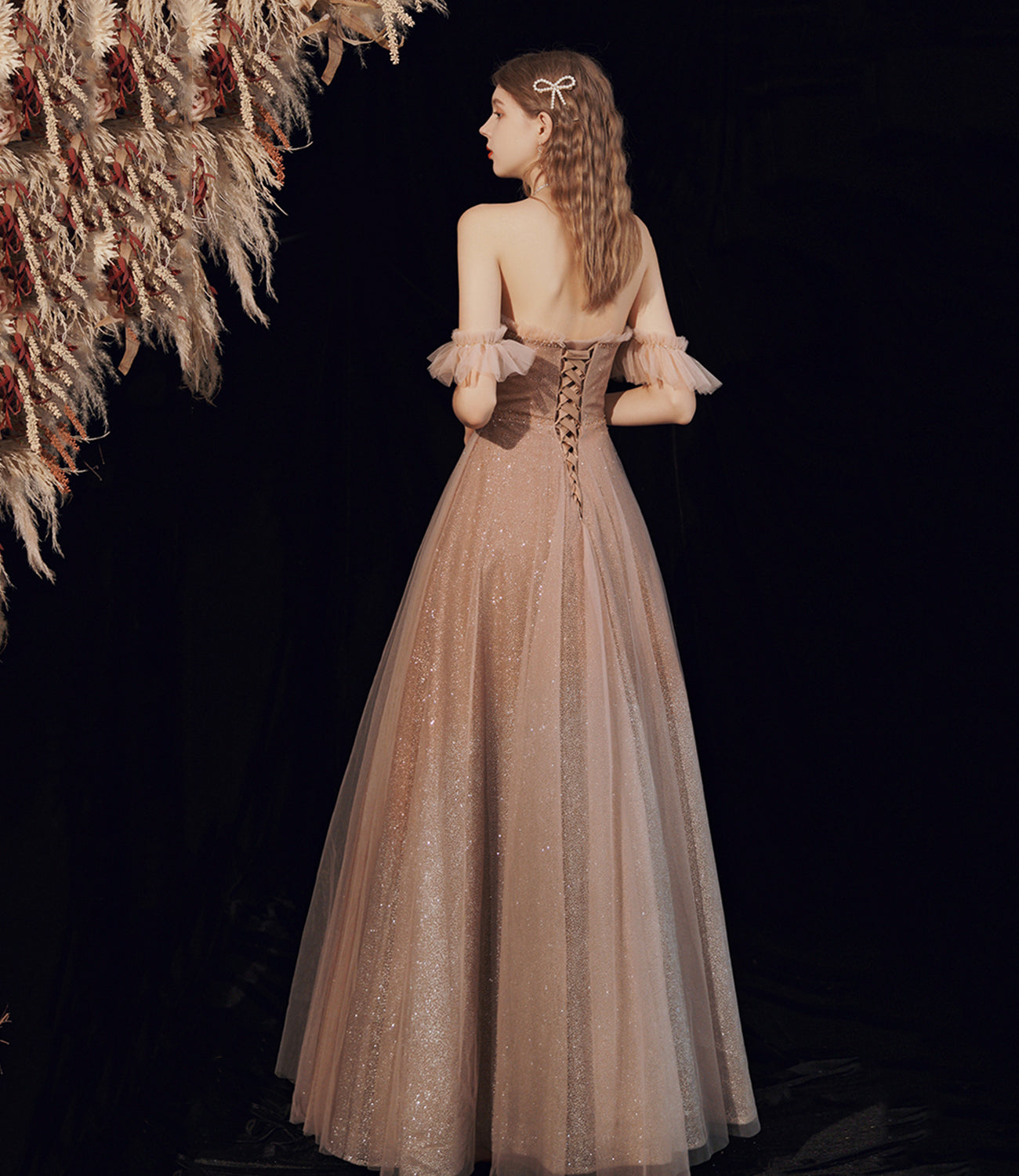 Shiny tulle sequins long prom dress A line evening dress 10378
