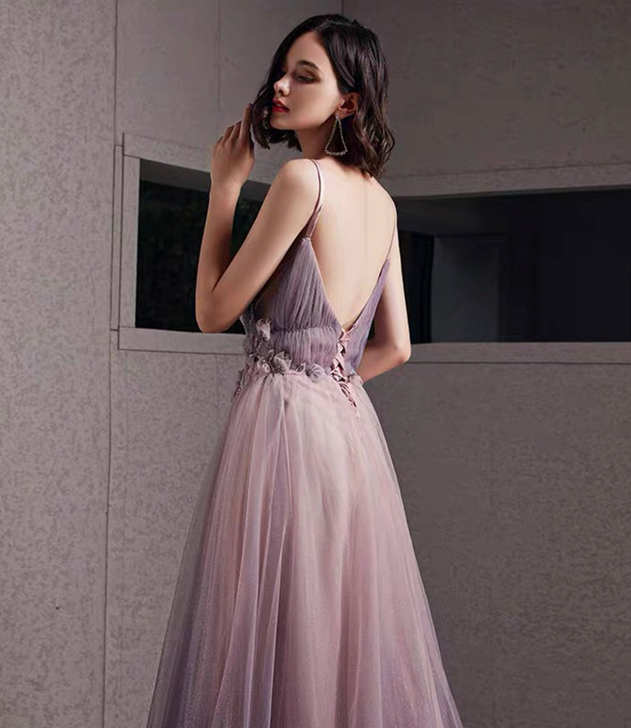 Purple tulle sequins long prom dress A line evening gown 10480