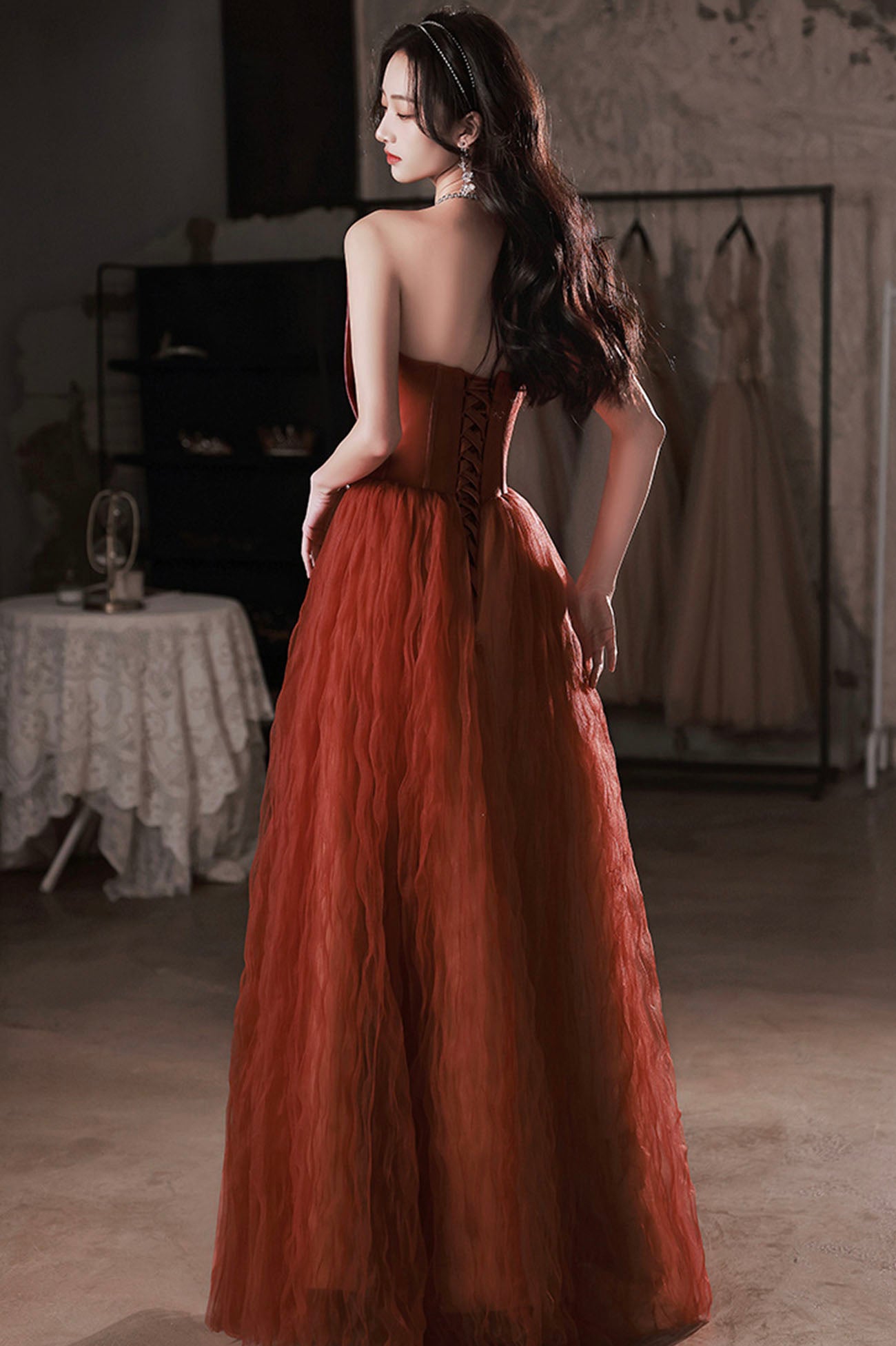 Burgundy satin tulle long prom dress A line evening dress 10649