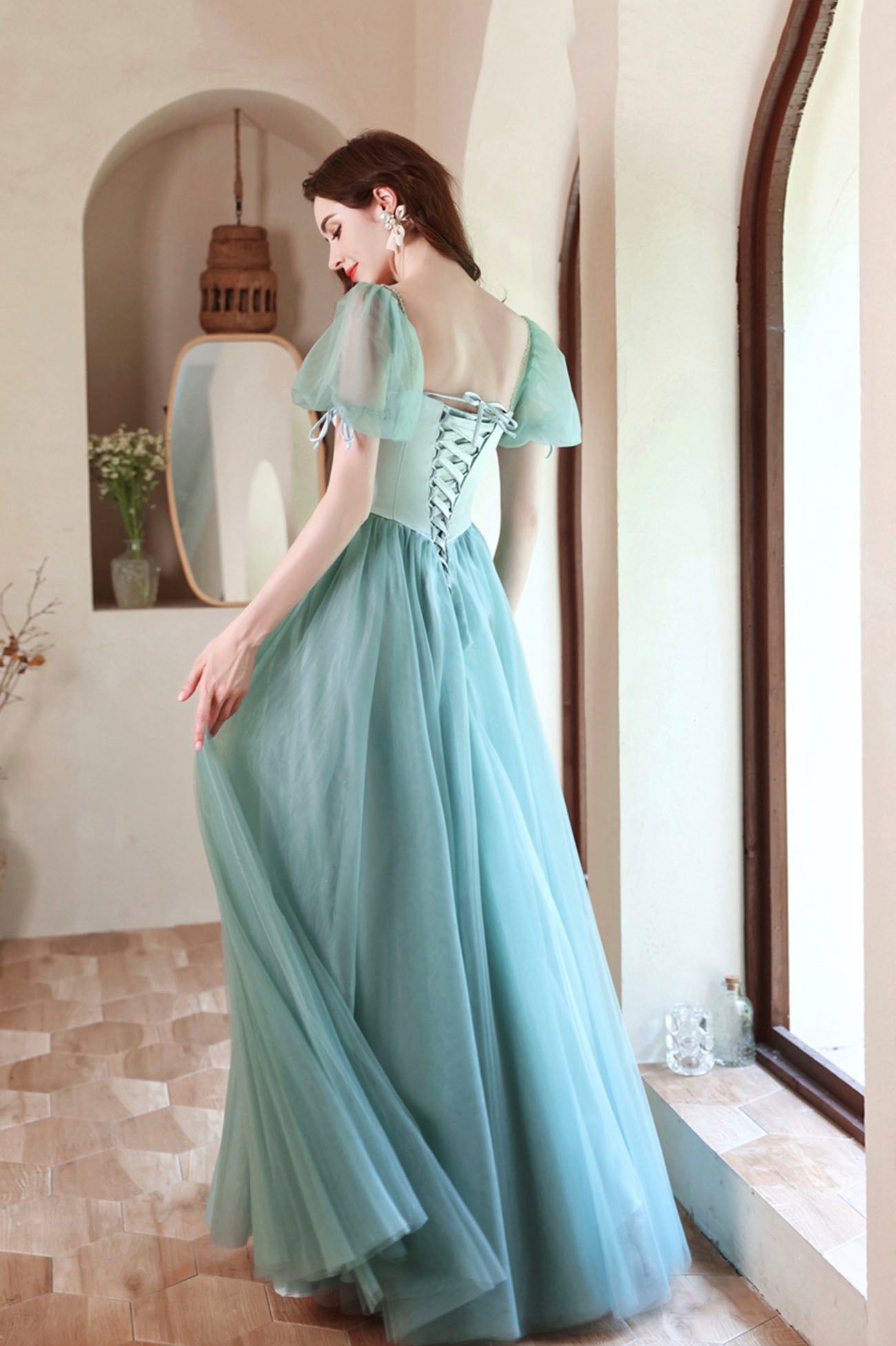 Green satin tulle long prom dress green evening dress 10618