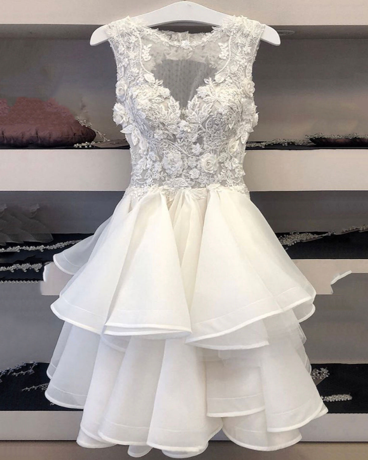 Weißes kurzes Abschlussballkleid aus Tüll Spitze 8917