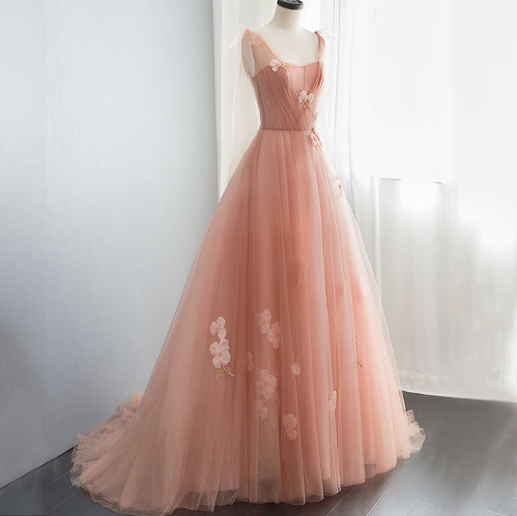 Pink tulle lace long prom dress, pink evening dress 7892