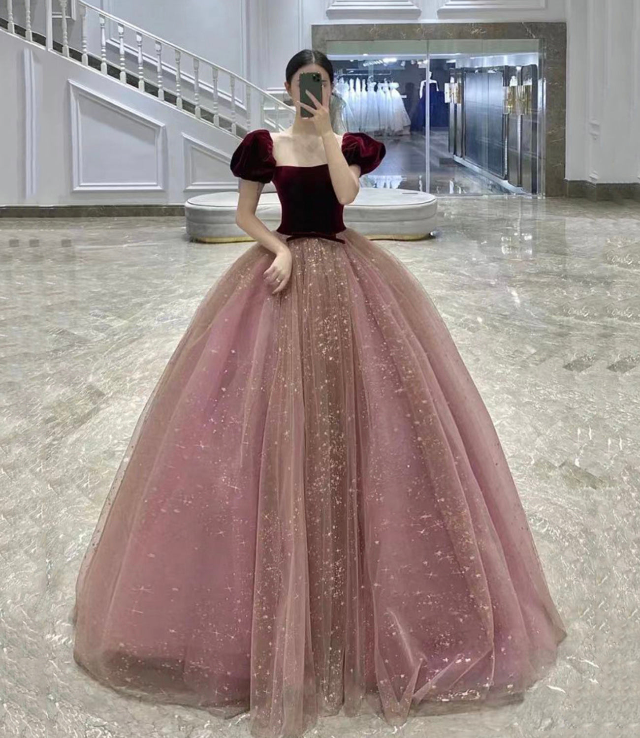 Cute velvet tulle long prom dress A line evening gown 10516