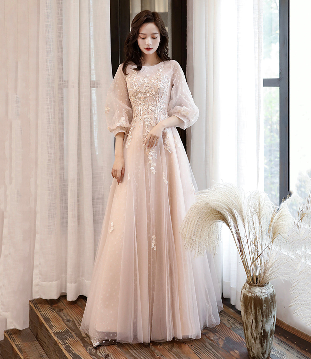 Black tulle lace long prom dress A line evening dress 10460