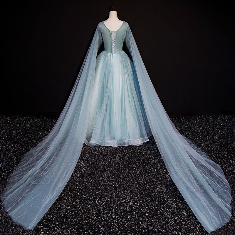 Blue tulle lace long prom dress blue evening dress 10636