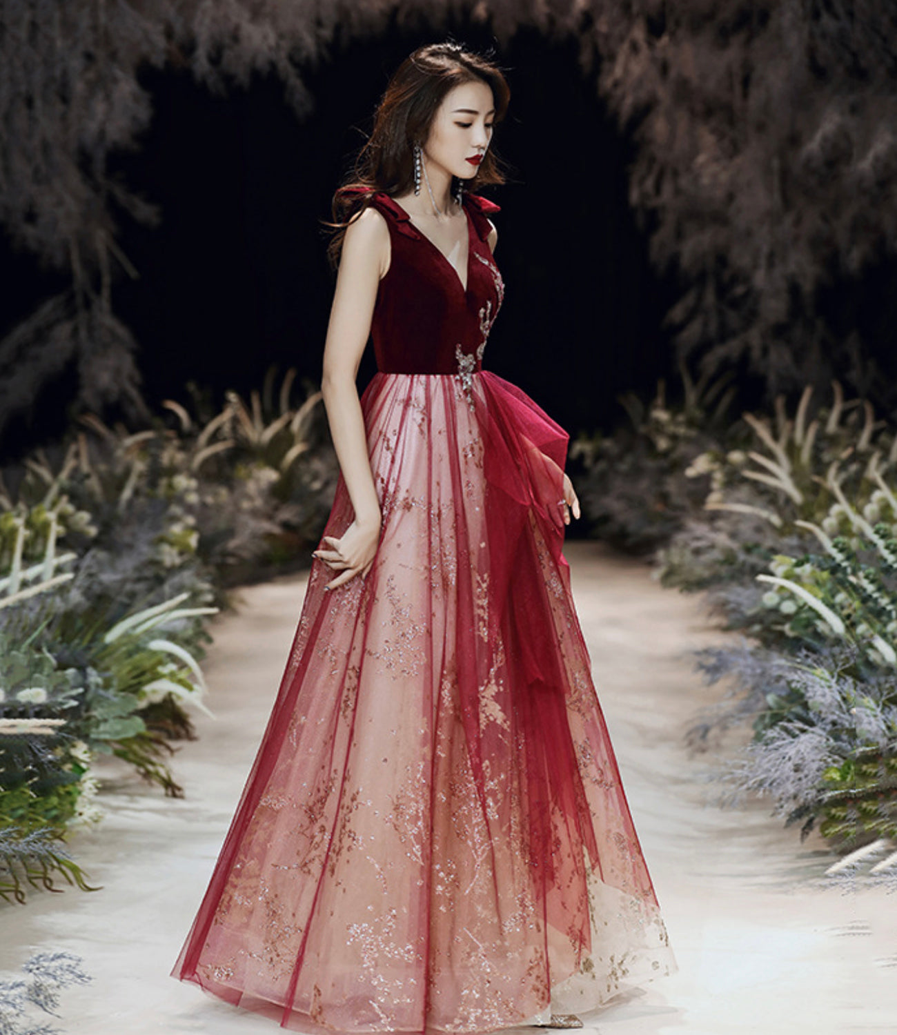 Burgundy velvet long prom dress A line evening gown 10495