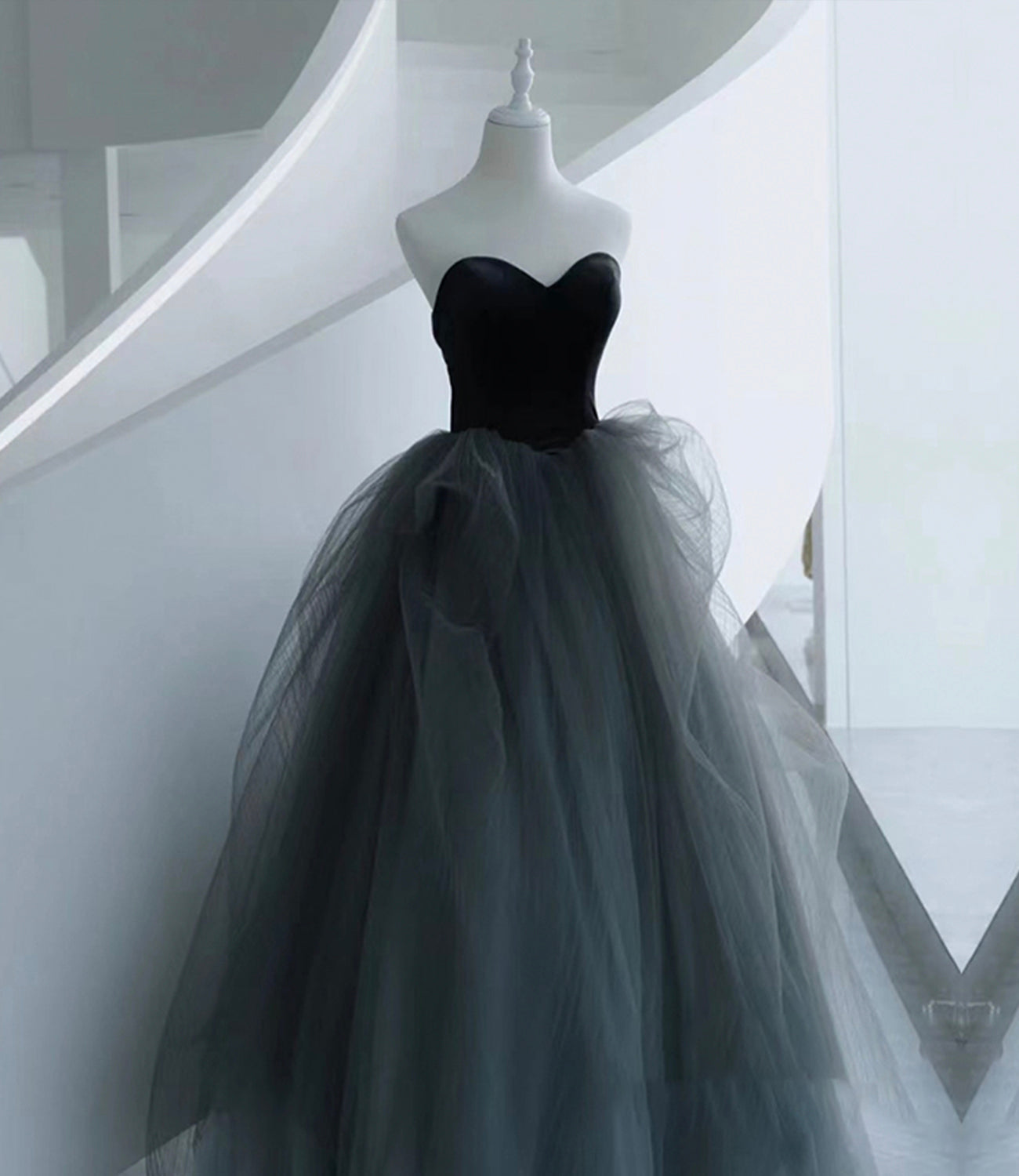 Black and gray tulle long prom dress A line evening dress 10517