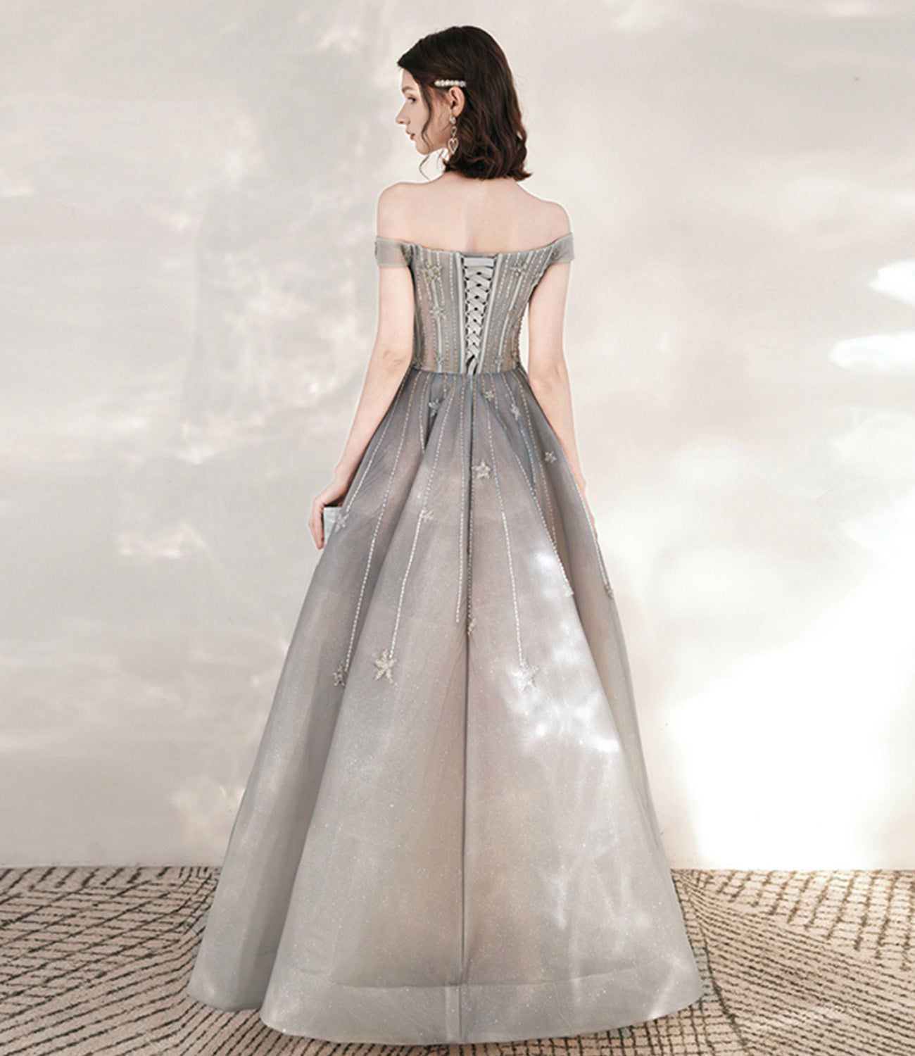 Gray tulle sequins long prom dress with star 10545