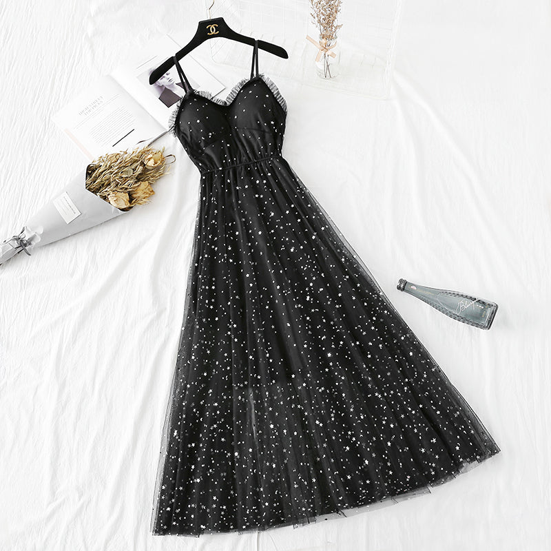 Robe à bretelles sexy en maille à paillettes avec étoile à cinq branches 4298