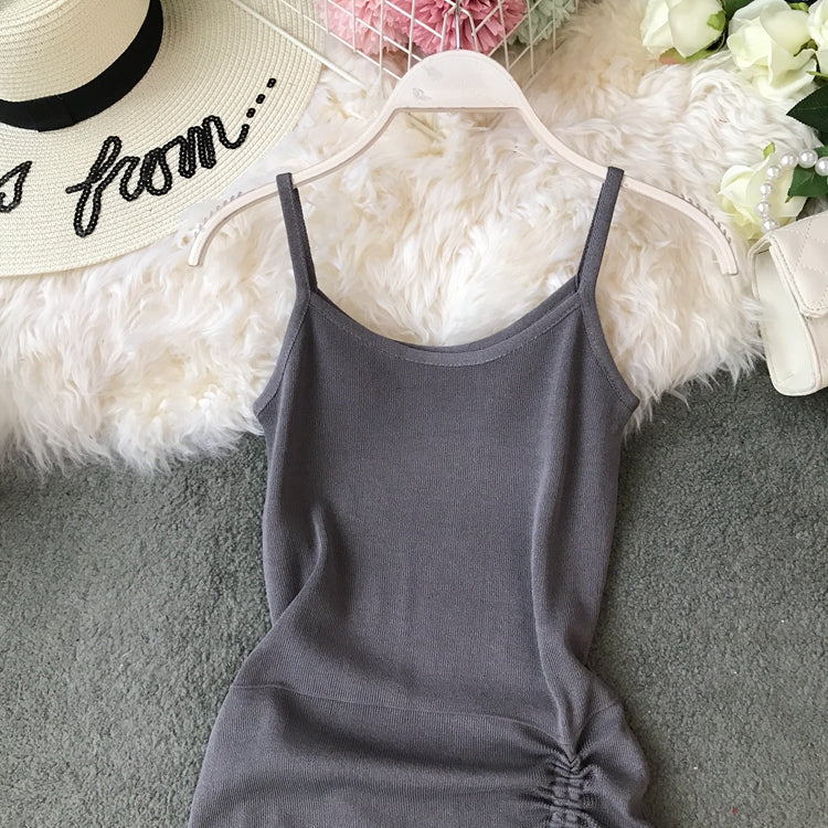 Robe sexy à bretelles irrégulières avec cordon de serrage et plis pour femme 3399