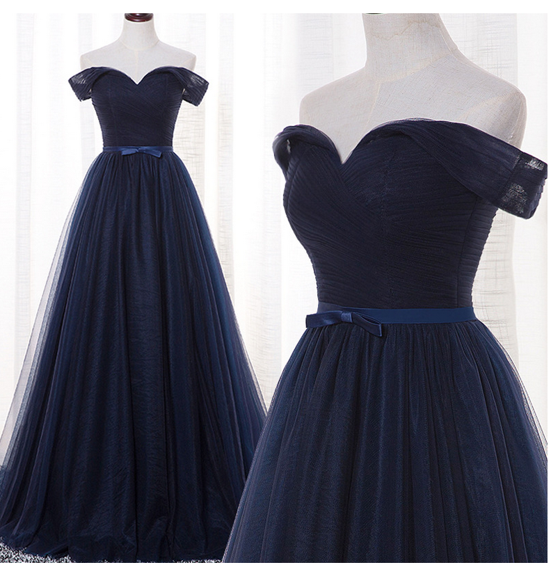 Navy blue tulle long prom dress,evening dress,cheap prom dresses 7683