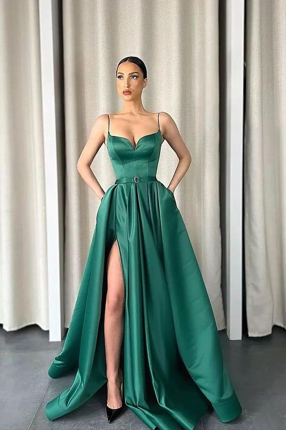 Dunkelgrünes Spaghettiträger-V-Ausschnitt, langes A-Linien-Abschlussballkleid mit Split gh720