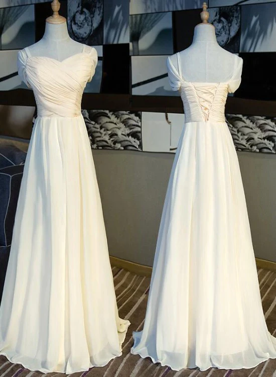 Lovely Light Champagne Simple Long Party Dress, A-Line Cap Sleeves Formal Dress gh236