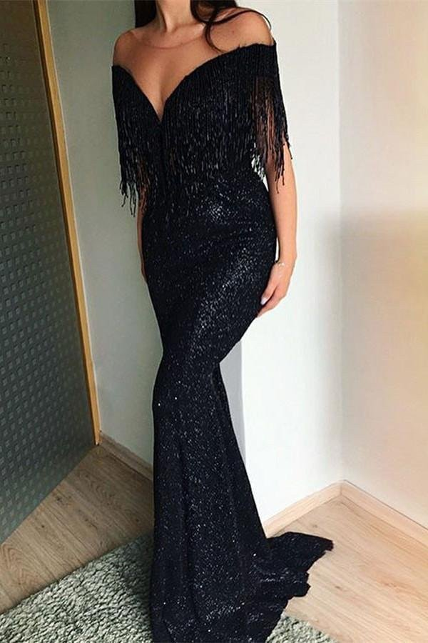 Robe de bal sirène à paillettes noires et glands gh705