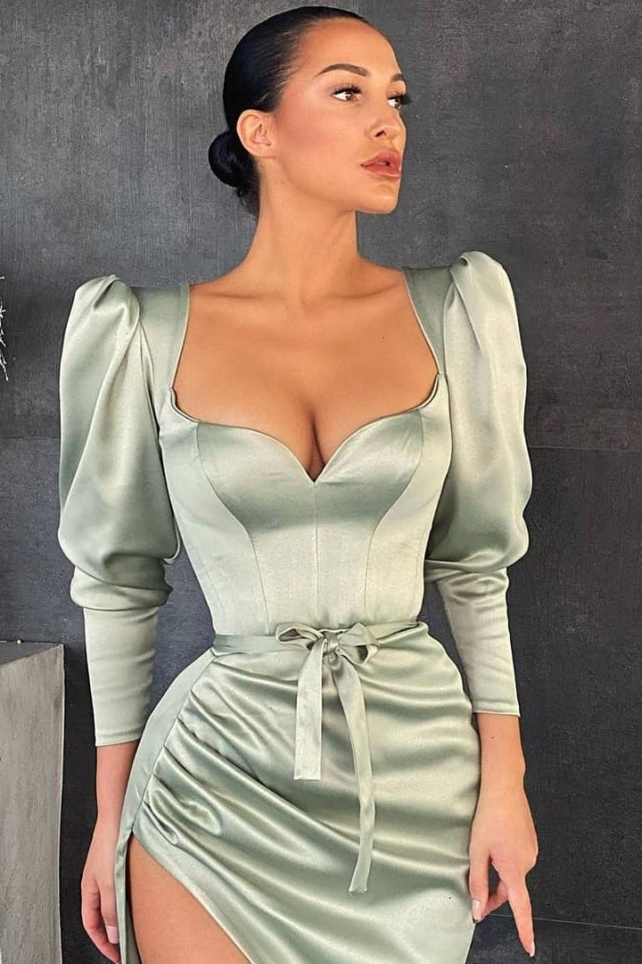 Robe de bal à manches longues Dusty Sage fendue avec un nœud papillon gh652