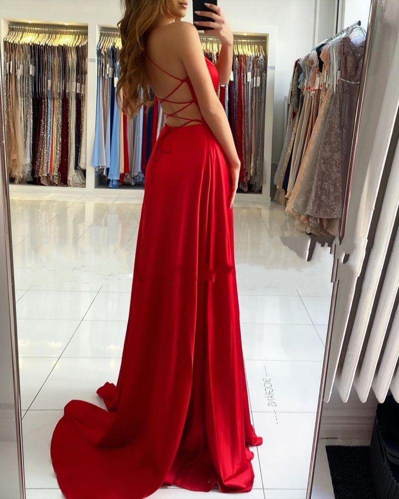 Rotes Ballkleid mit V-Ausschnitt und Split gh701