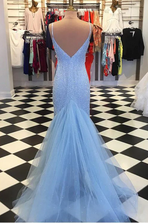 Robe de bal scintillante à bretelles spaghetti et col en V et dos ouvert gh1010