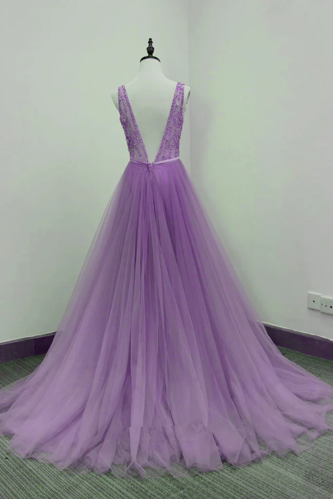 Belle robe de soirée longue violet clair à décolleté en V, robe de bal gh413