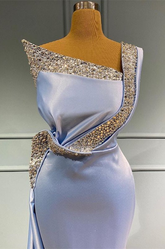 Hellblaues One-Shoulder-Sleeveless Long Beads Mermaid Abendkleid mit Rüschen gh716