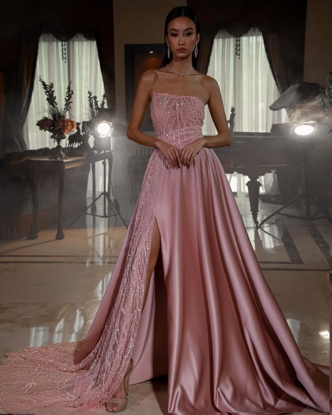 Pink Strapless Sleeveless Sequins A-Line Prom Dress With Split gh724