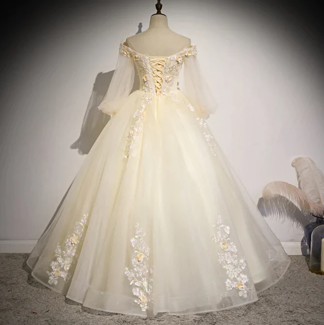 Belle robe de soirée en tulle ivoire à manches longues et motif floral pour les 16 ans, robe de bal gh922