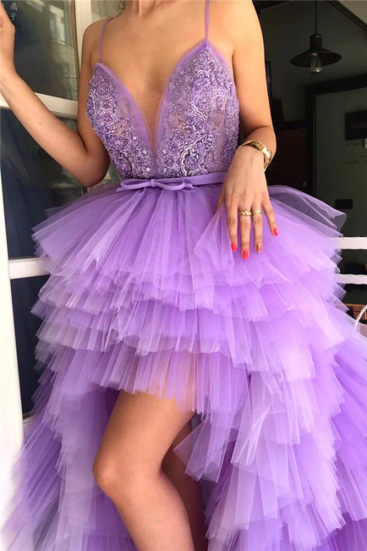 Spaghetti straps purple tulle prom dresses applique beaded v-neck long evening party dress gh982
